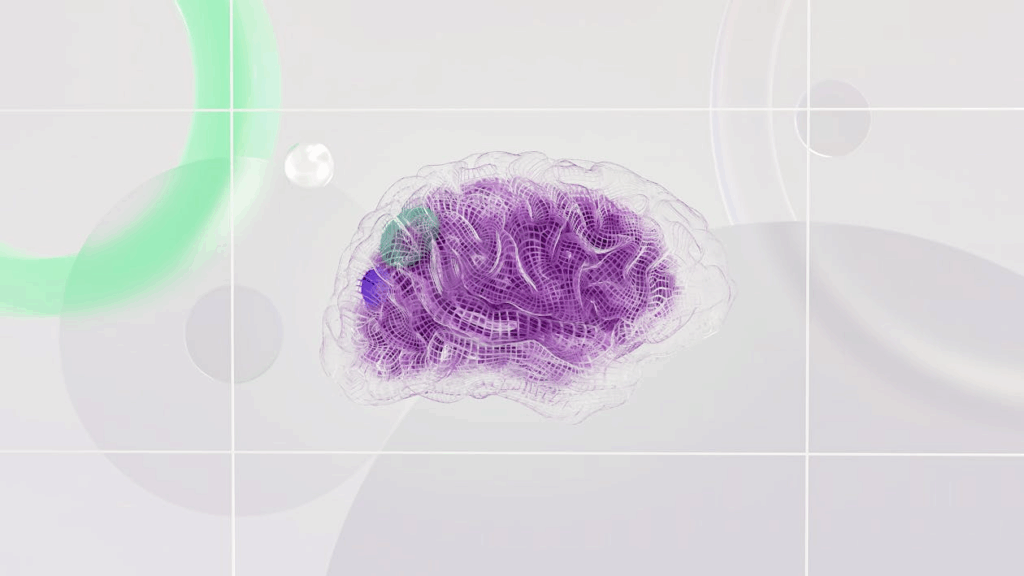 3D wireframe brain with purple neural patterns, a visual concept for AI dream and synthetic sleep.