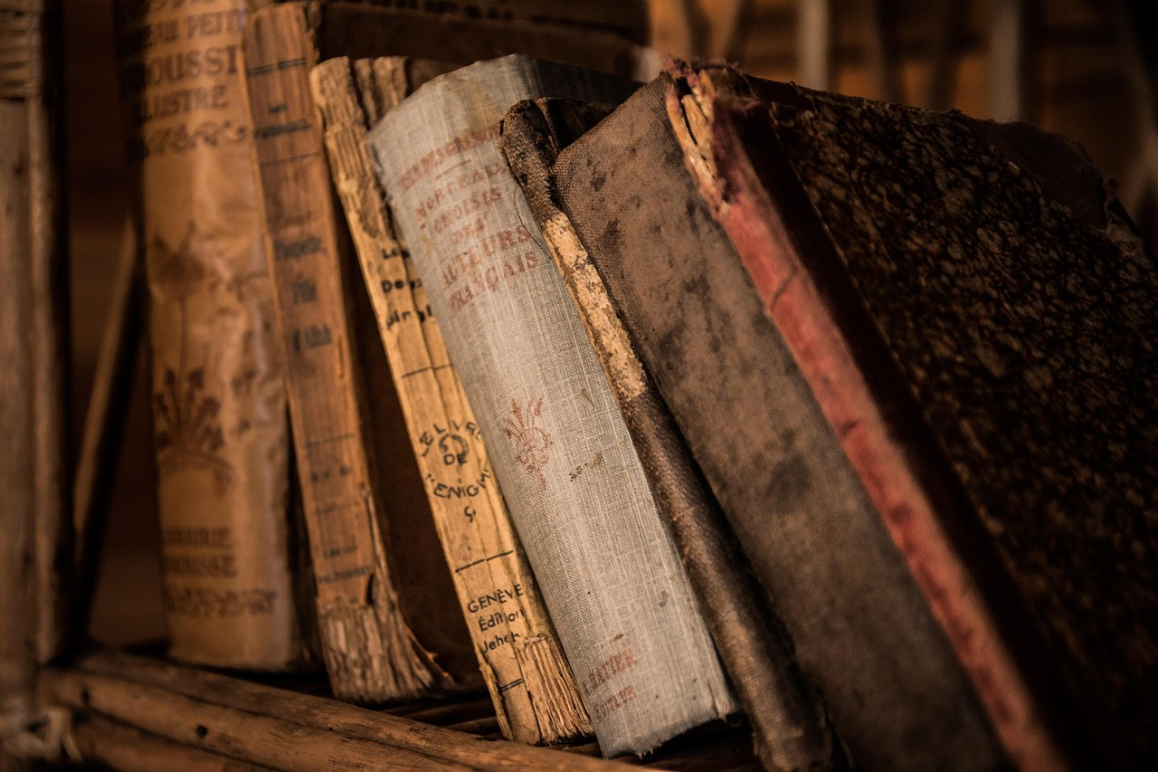 Close-up of worn antique books lined on a wooden shelf, evoking the history of everyday phrases.